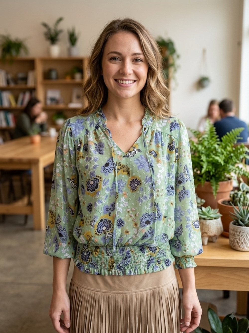 Rachel & Zoe Women's Floral Blouse Smocked Green Multicolor Size Small